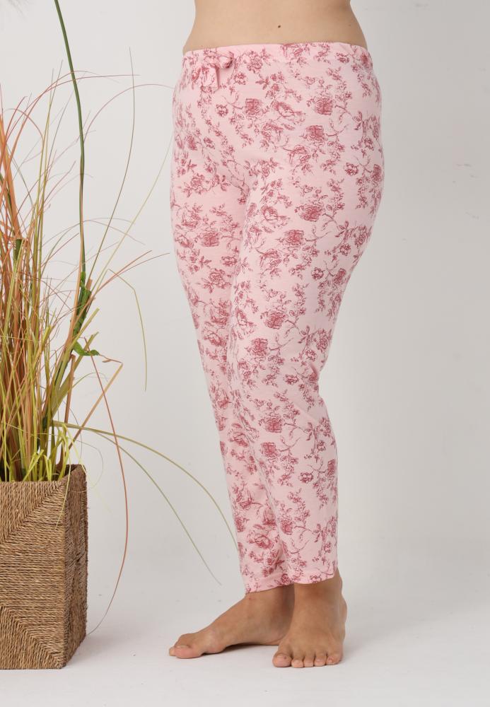 Pantaloni de Pijama Dama Lungi,Big Size,Culoare Roz cu Trandafir Rosu, Engros